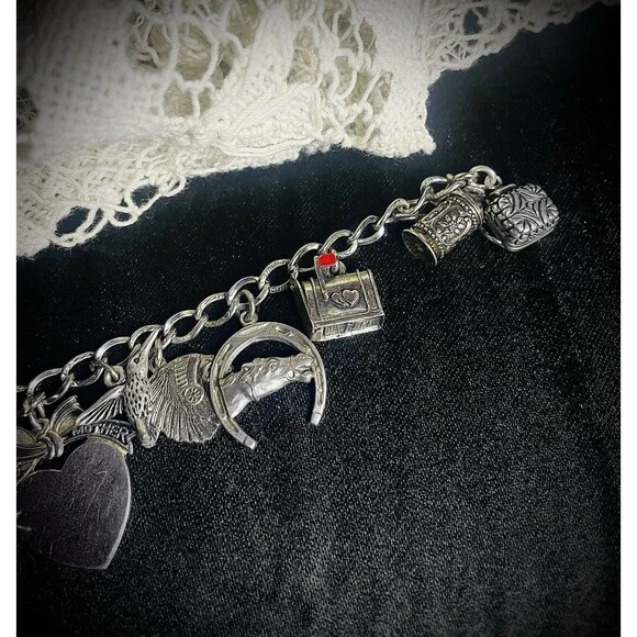 Antique Vintage Retro Heavy Sterling Charm Bracelet 6.5" - Picture 3 of 8
